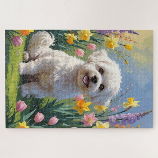 Puzzle Bichon Frise Chien Fleurs de printemps Peinture (Horizontal)