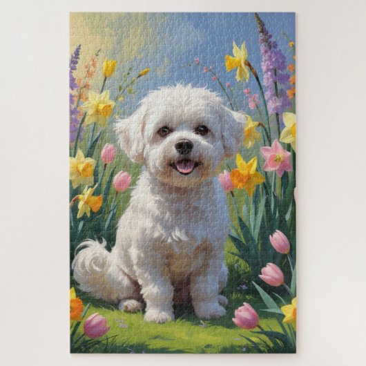 Puzzle Bichon Frise Chien Fleurs de printemps Peinture (Vertical)
