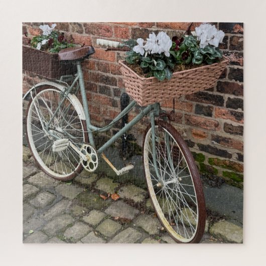 Puzzle Bicycle with Baskets of Flowers in English Village (Vertical)