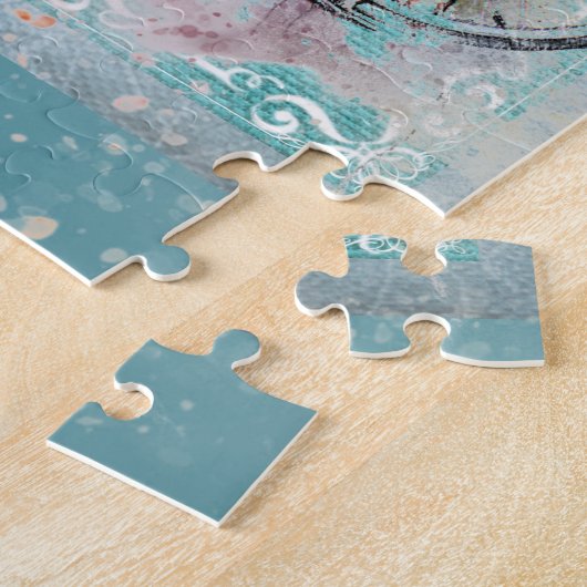 Puzzle Bicycle with flower baskets on blue burlap (Côté)