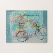 Puzzle Bicycle with flower baskets on blue burlap (Horizontal)