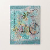 Puzzle Bicycle with flower baskets on blue burlap (Vertical)