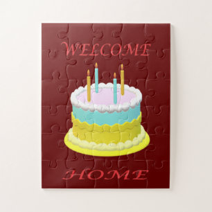 Puzzle Bienvenue à la maison avec un gâteau bougies et mo