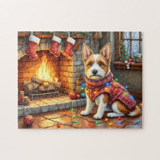 Puzzle Biewer Terrier Fireplace with Christmas Lights (Horizontal)