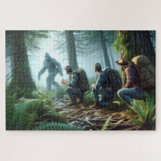 Puzzle Bigfoot Encounter with hikers, Forested Backdrop (Horizontal)