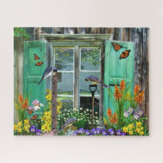Puzzle Bird Flower Garden Rustic Shed (Horizontal)
