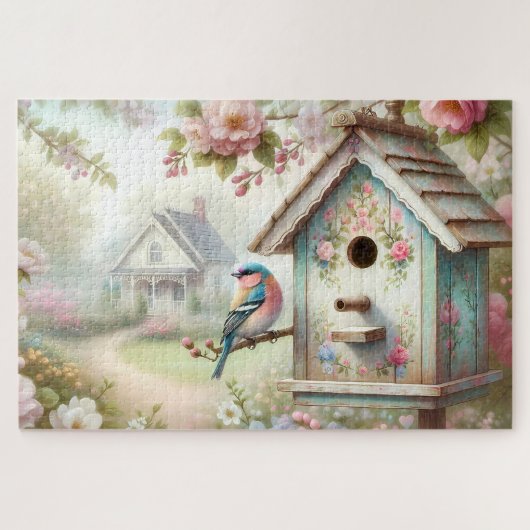 Puzzle Birdhouse Printemps Avec Fleurs Pastel Et Oiseaux (Horizontal)