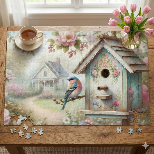 Puzzle Birdhouse Printemps Avec Fleurs Pastel Et Oiseaux