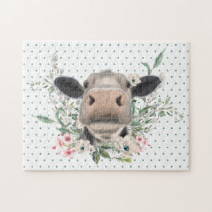 Puzzle bisou de nez de vache fleurs aquarelle gris animal