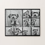 Puzzle Black 9 Photo Square Collage - with script white<br><div class="desc">You can use square or selfie photos for this design. Use eight square photos to create a unique and personal gift. Or you can keep the hipster puppy and make a trendy keepsake. If you need to adjust the pictures,  click on the customize tool to make changes.</div>