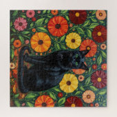 Puzzle Black Cat and Colorful Folk Art Flowers (Horizontal)
