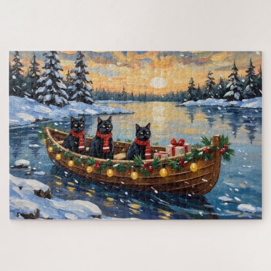 Puzzle Black Cat Christmas Boat Holiday (Horizontal)