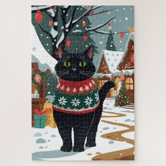 Puzzle Black Cat Christmas Snow Holiday (Vertical)