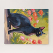 Puzzle Black Cat | Kitten Pet Watercolor Flowers Painted (Horizontal)