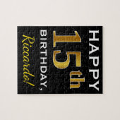 Puzzle Black, Faux Gold 15th Birthday + Custom Name (Horizontal)