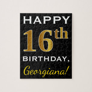 Puzzle Black, Faux Gold 16th Birthday + Custom Name