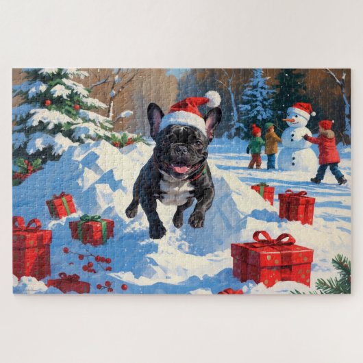 Puzzle Black French Bulldog Festive de Noël Scène de neig (Horizontal)