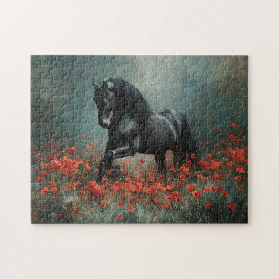 Puzzle Black Friesian Stallion Red Poppies