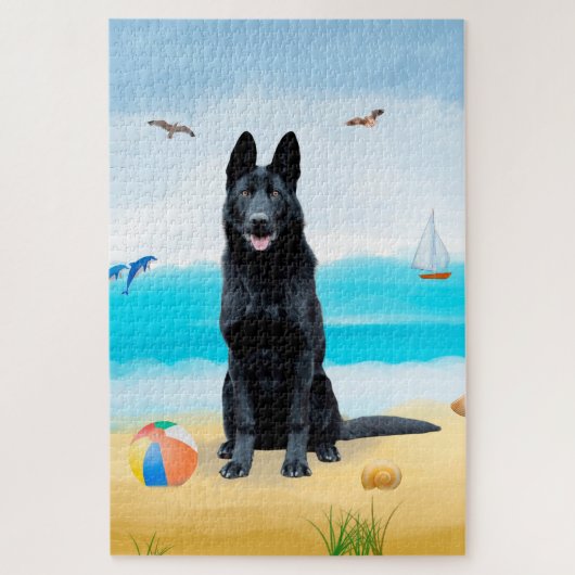 Puzzle Black German Shepherd Dog on Beach (Vertical)