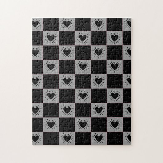 Puzzle Black&Gray Checkered Tile With Hearts Pattern (Vertical)