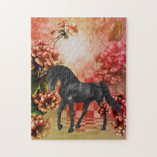 Puzzle Black Horse Flowers Imaginaire Art (Vertical)
