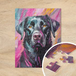 Puzzle Black Lab Portrait Art Moderne<br><div class="desc">Portrait d'art moderne et vibrant d'un récupérateur de labrador noir avec des touches audacieuses et abstraites dans les tons noir, rose et jaune. Les traits expressifs capturent la personnalité ludique du chien, tandis que la palette de couleurs inattendue ajoute une touche fantaisiste et artistique au portrait traditionnel de l'animal de...</div>
