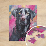 Puzzle Black Lab Portrait Art Moderne<br><div class="desc">Portrait d'art moderne et vibrant d'un récupérateur de labrador noir avec des touches audacieuses et abstraites dans les tons noir, rose et jaune. Les traits expressifs capturent la personnalité ludique du chien, tandis que la palette de couleurs inattendue ajoute une touche fantaisiste et artistique au portrait traditionnel de l'animal de...</div>