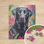 Puzzle Black Lab Portrait Art Moderne<br><div class="desc">Portrait d'art moderne saisissant d'un laboratoire noir dressé contre un arrière - plan de jardin fleuri rose et vert abstrait. La silhouette foncée du chien contraste magnifiquement avec les couleurs vibrantes et tourbillonnantes du jardin, mêlant nature et animal dans un style expressif et contemporain. Les coups de pinceau abstraits créent...</div>