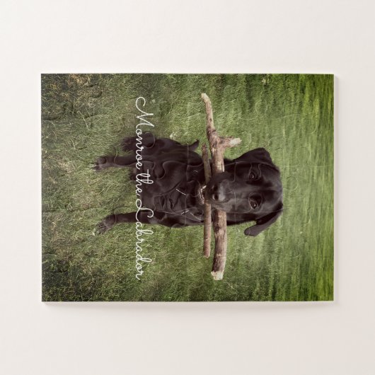 Puzzle Black Lab with two sticks Dog Photo and Name (Horizontal)