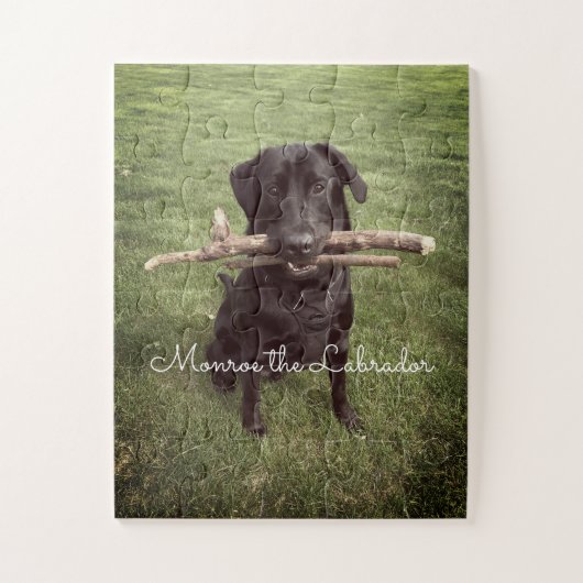 Puzzle Black Lab with two sticks Dog Photo and Name (Vertical)