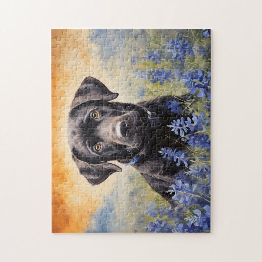 Puzzle Black Labrador dans Bluebonnets (Vertical)