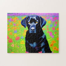 Black labrador sitting in a field of flowers 