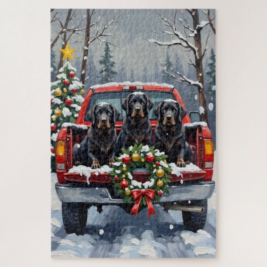 Puzzle Black Newfoundland Christmas Red Truck Holiday (Vertical)