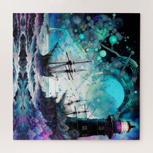 Puzzle Blacklight-Lighthouse et voilier mer tempête (Horizontal)
