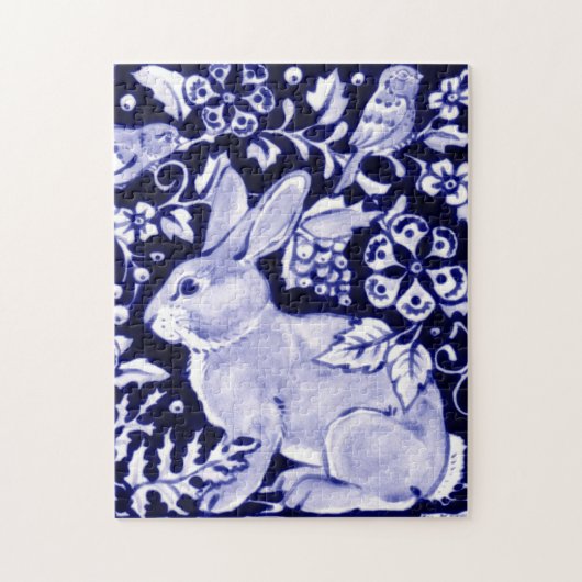 Puzzle Bleu classique et blanc lapin et oiseaux Flore ani (Vertical)
