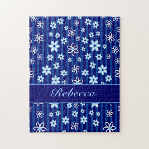 Puzzle Bleu floral personnalisé et blanc modelés