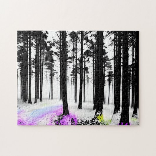 Puzzle Bleu jaune violet dans la Forêt de silhouette noir (Horizontal)