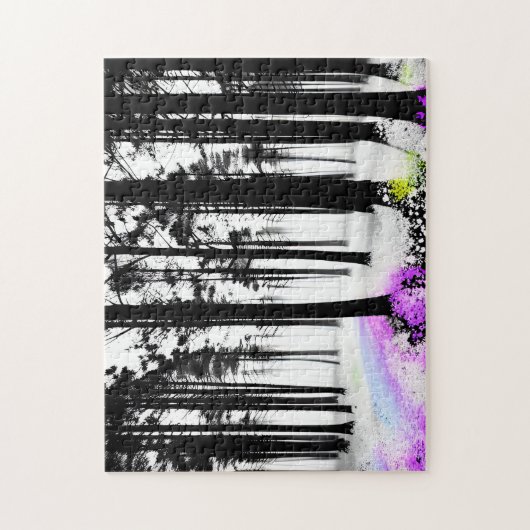 Puzzle Bleu jaune violet dans la Forêt de silhouette noir (Vertical)