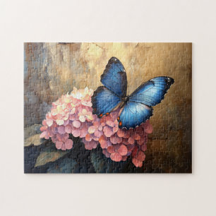 Puzzle Bleu papillon rose fleurs