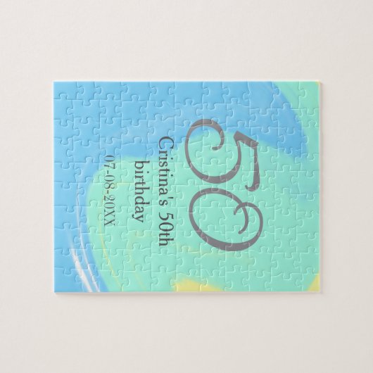 Puzzle bleu vert gris 50e anniversaire ajouter nom date r (Horizontal)