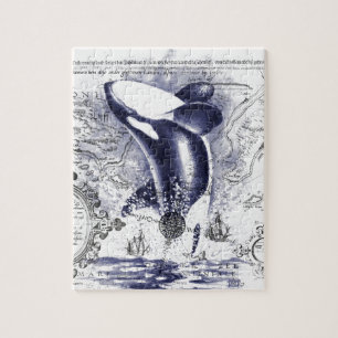 Puzzle Bleu vintage de carte de baleine d'orque