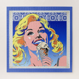 Puzzle Blonde Mangeant une Glace Style Pop Art Coloré des