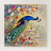 Puzzle Blue and Turquoise Peacock in Flowers (Horizontal)