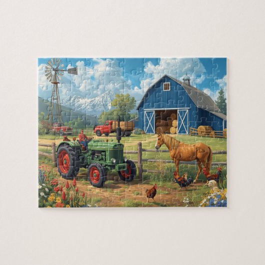 Puzzle Blue Barn Tractor Horse Farm Mountain Scene (Horizontal)