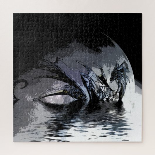 Puzzle Blue Dragon and Moon Illustration  (Vertical)