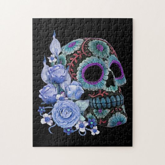 Puzzle Blue Floral Black Sugar Skull Jour des morts (Vertical)