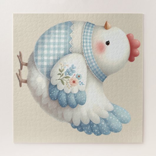 Puzzle Blue Gingham Cottage Hen (Horizontal)