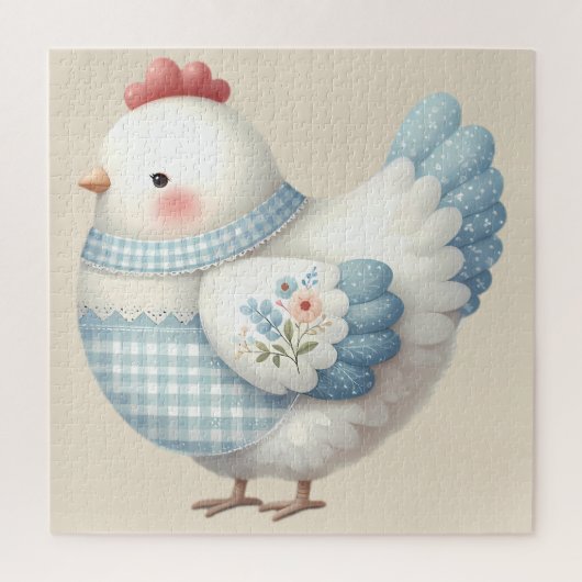 Puzzle Blue Gingham Cottage Hen (Vertical)