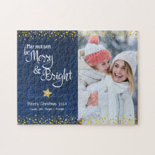 Puzzle Blue Gold Photo Days Joyeux Script brillant Holida