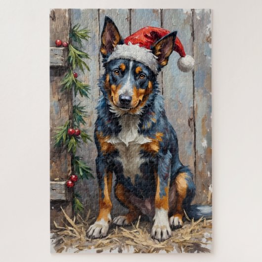 Puzzle Blue Heeler Alertly Guarding Christmas Hay Hat (Vertical)